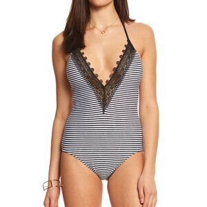 Seafolly NWT Sz US 4 Black White Stripe One-Piece Swim Swimsuit Lace Halter